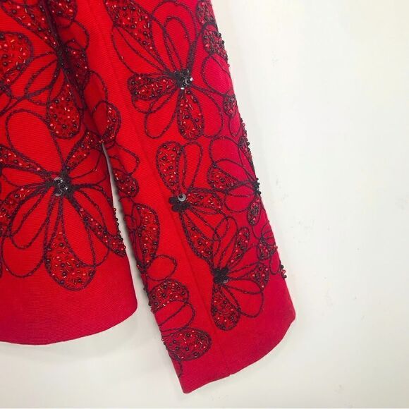 ANAGE Red Black Bead Embroidered Floral Design Holiday Statement Jacket NEW - Picture 6 of 16